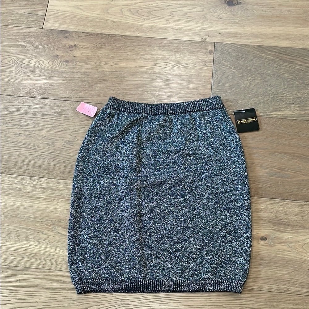90s SILVER TONE SPARKLING METALLIC KNIT PENCIL SKIRT KNEE LENGTH JEANNE PIERRE S